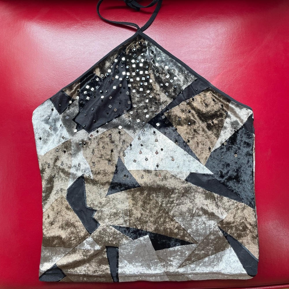 Y2K express velvet patchwork style halter top